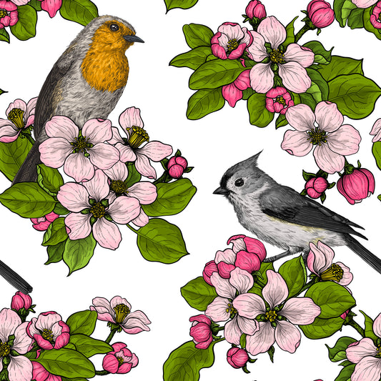 Birds and Blossoms on white Wallpaper⁠
