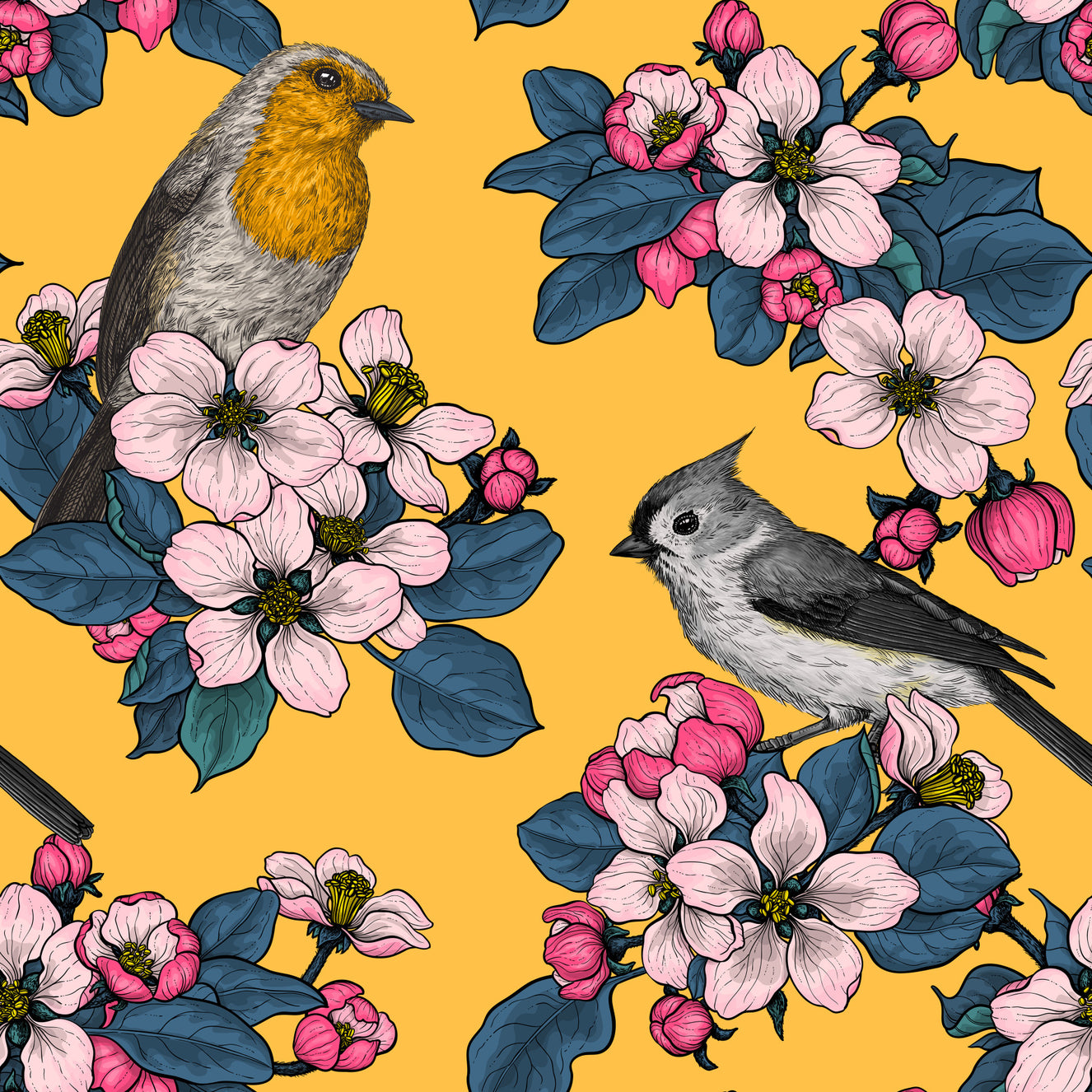 Birds and Blossoms on yellow Wallpaper⁠
