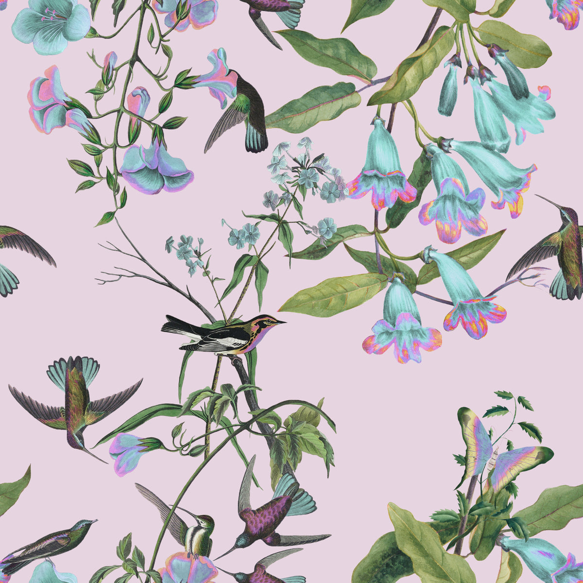 Enchanted Aviary Flowers Wallpaper in your room — zoomed