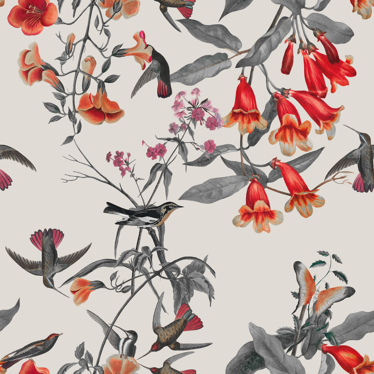 Crimson Flower Aviary Wallpaper in your room — zoomed