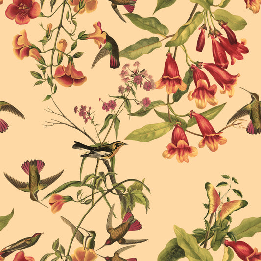 Tropical Flowers and Hummingbirds Vintage Style Wallpaper
