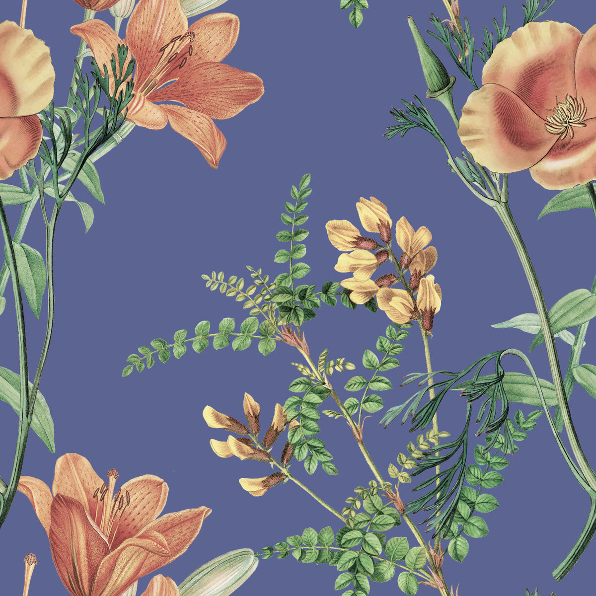 Vintage Flowers on a Vinca Background Wallpaper in your room — zoomed