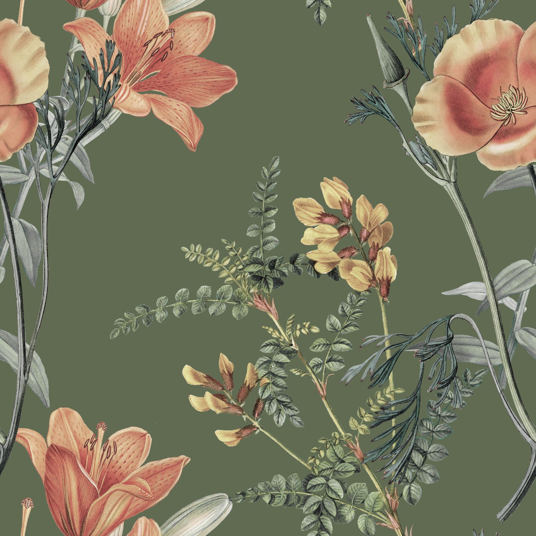 Traditional Flowers in Olive Tree Wallpaper