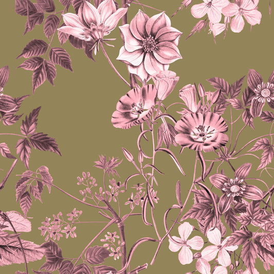Heirloom Flowers Rose and Olive Wallpaper