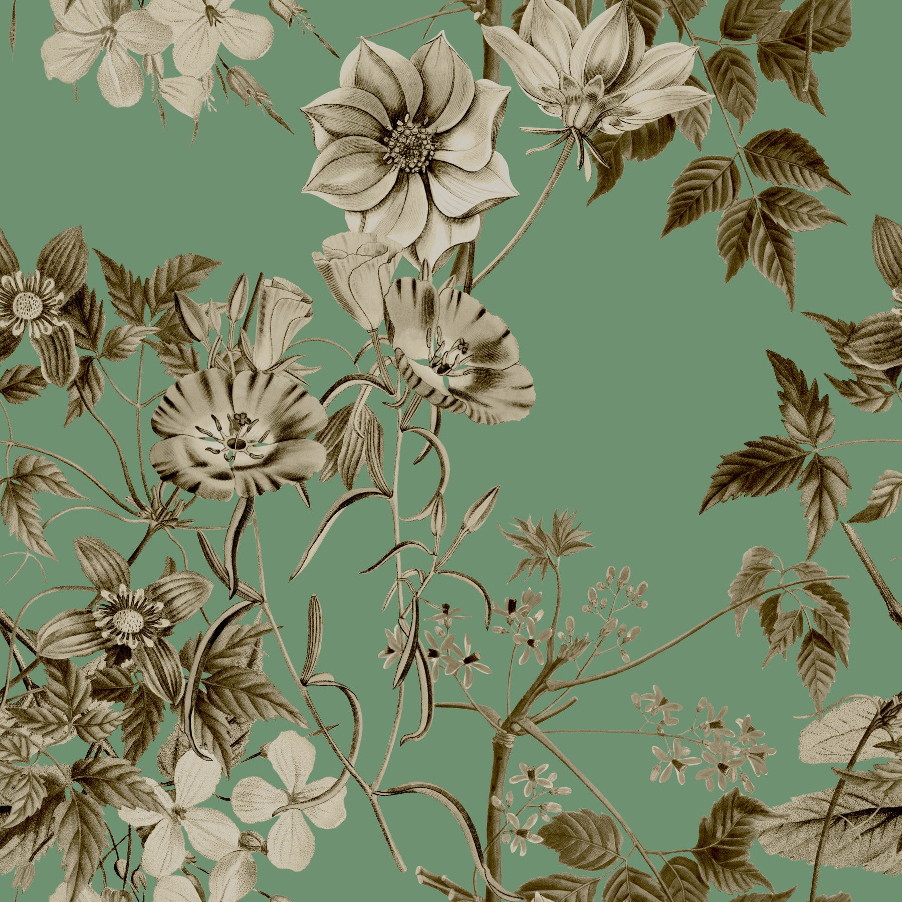 Botanical Elegance in Sepia and Jade Tones Wallpaper