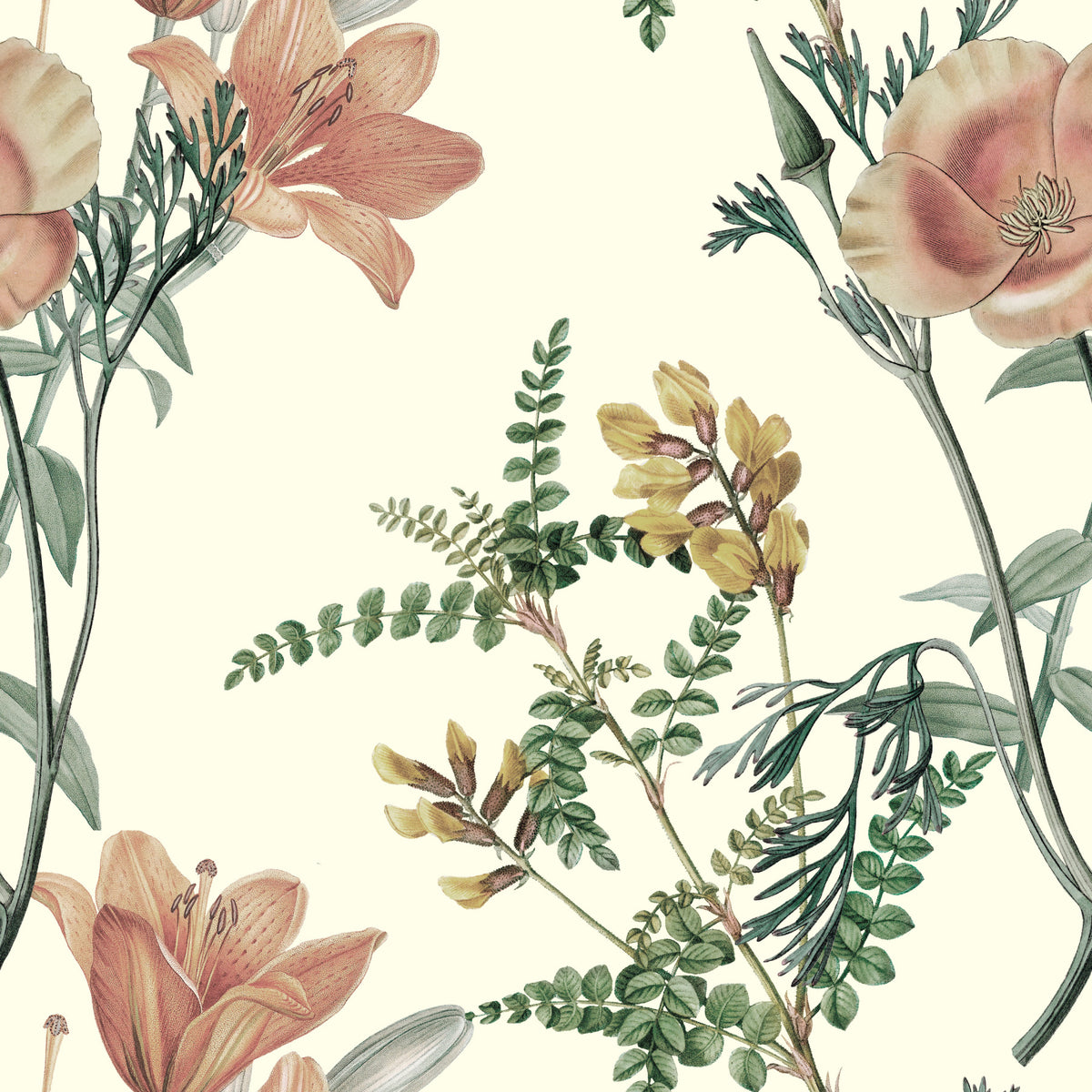 Vintage Botanical Flower Wallpaper in your room — zoomed