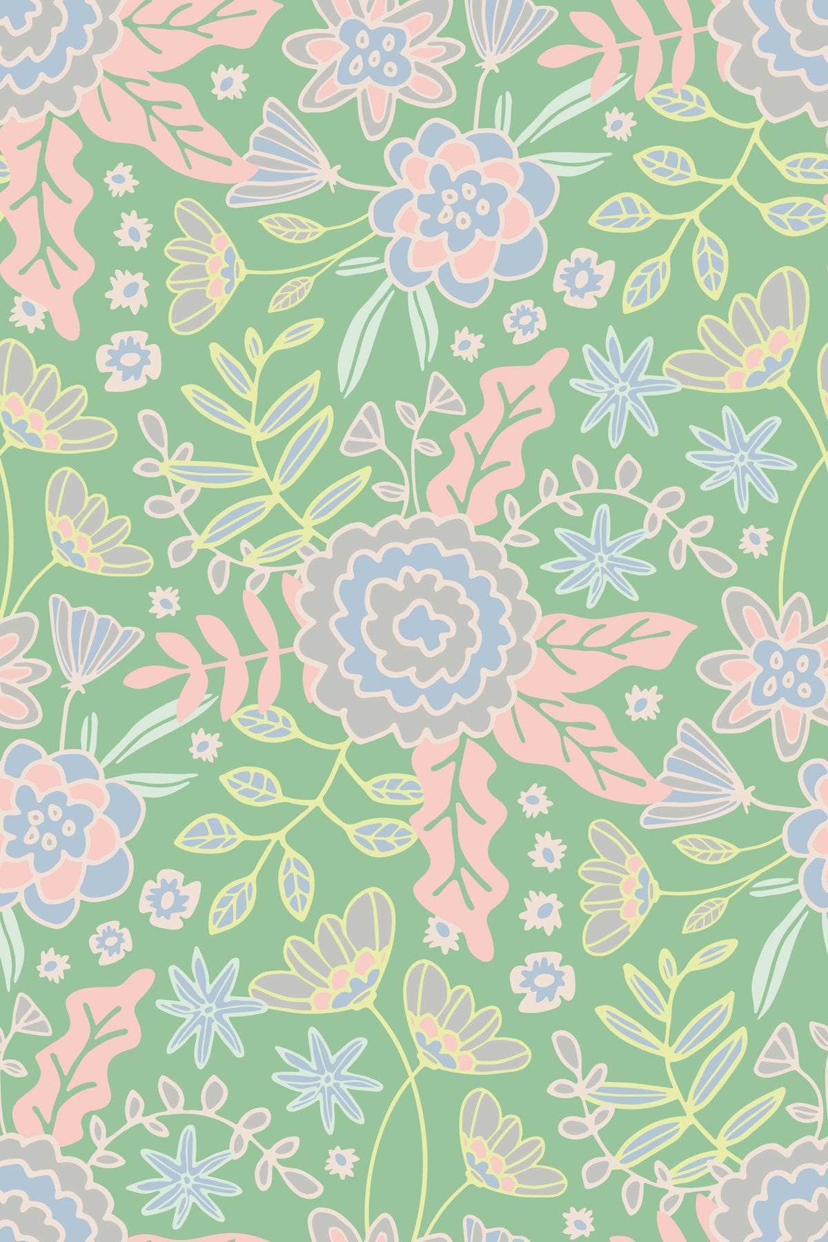 Buds and Blossom Floral Cottagecore Pastel Garden Green Wallpaper⁠
