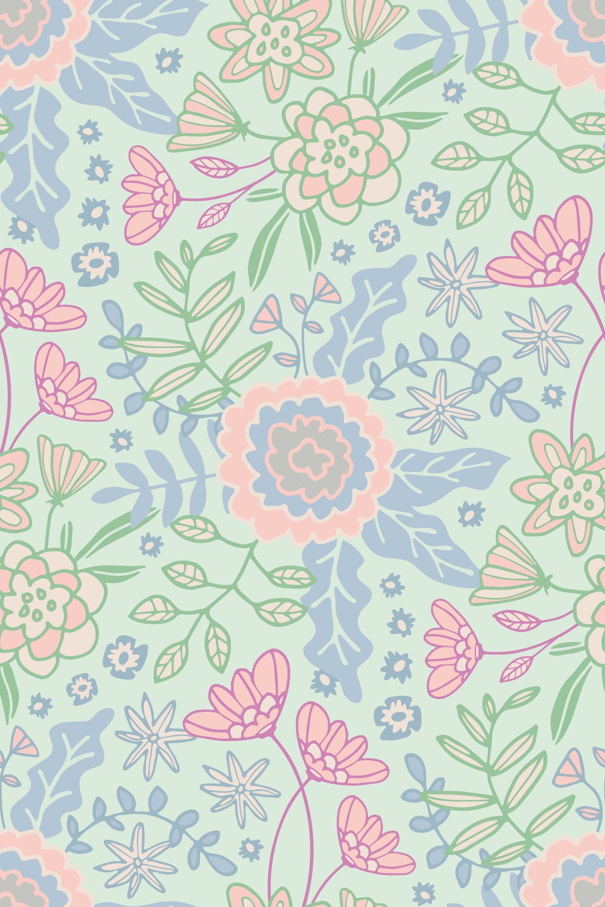 Buds and Blossom Floral Cottagecore Pastel Mint Green Wallpaper⁠