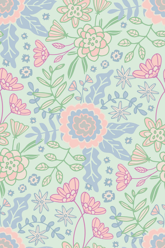 Buds and Blossom Floral Cottagecore Pastel Mint Green Wallpaper⁠