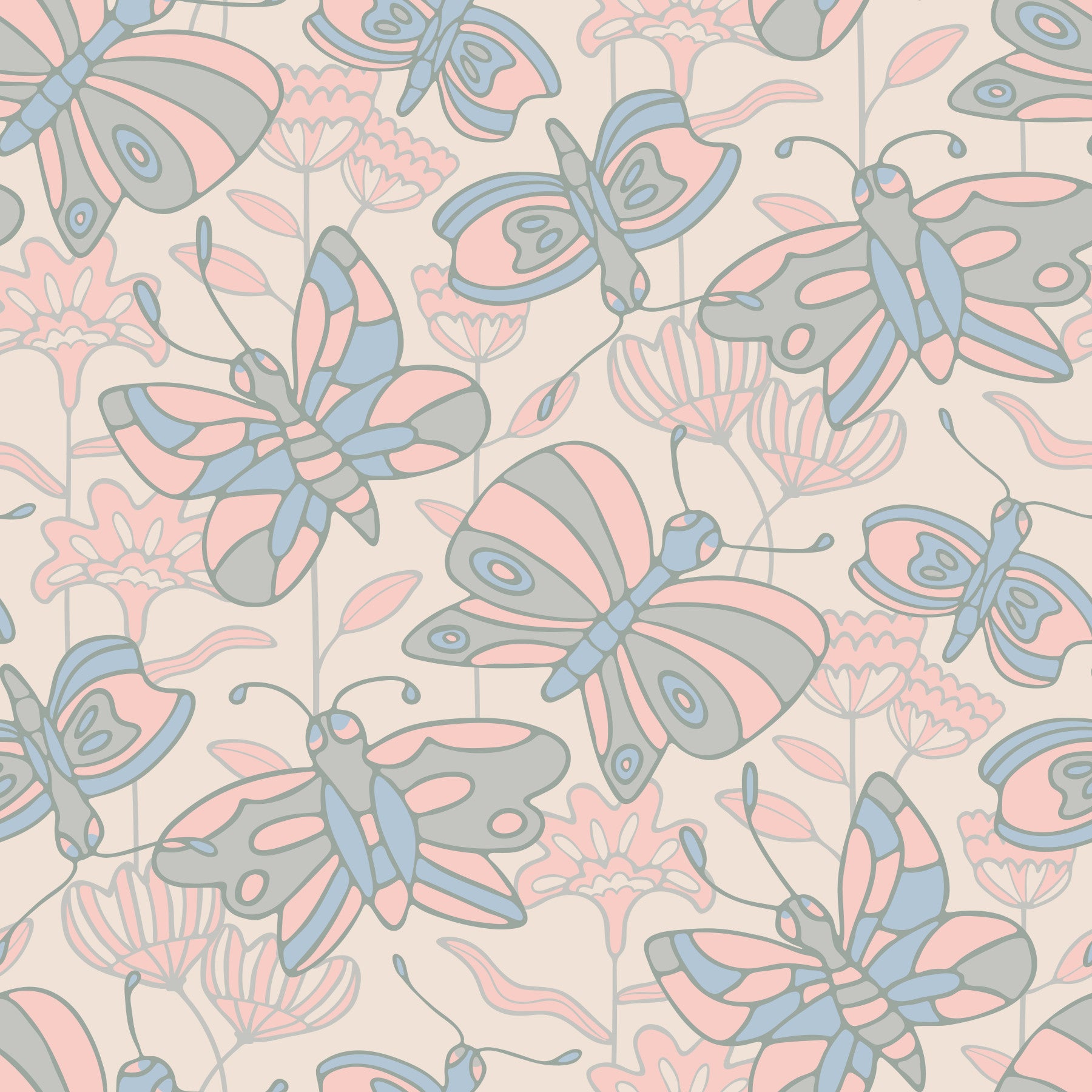 Flutter Cottagecore Spring Butterfly Floral Pastel Blue Gray Blush Wallpaper⁠