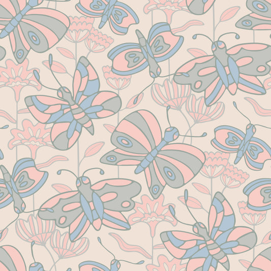 Flutter Cottagecore Spring Butterfly Floral Pastel Blue Gray Blush Wallpaper⁠