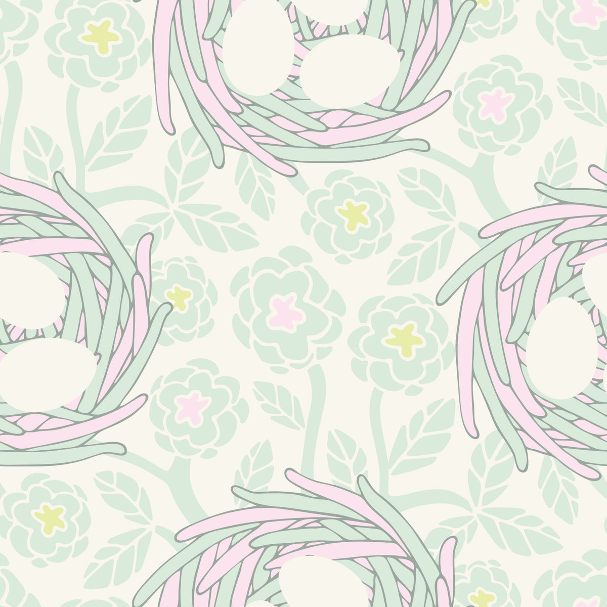Cozy Nest Cottagecore Spring Floral Bird Eggs Pastel Mint White Wallpaper⁠