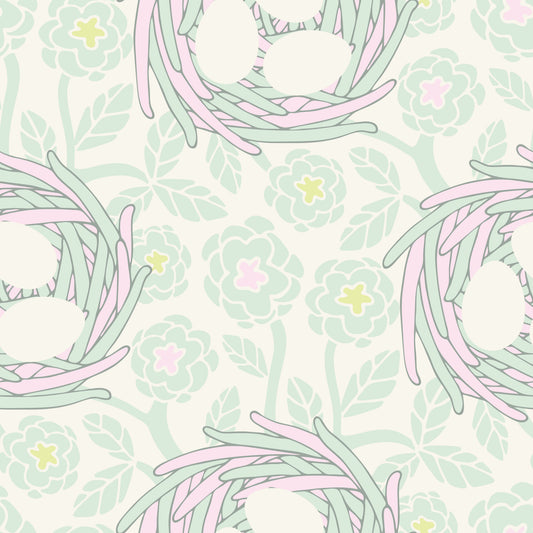 Cozy Nest Cottagecore Spring Floral Bird Eggs Pastel Mint White Wallpaper⁠