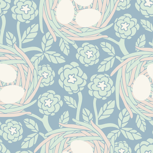 Cozy Nest Cottagecore Spring Floral Bird Eggs Pastel Mint Blue Wallpaper⁠