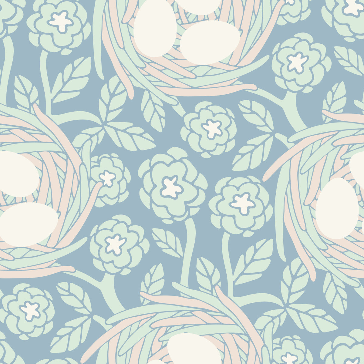 Cozy Nest Cottagecore Spring Floral Bird Eggs Pastel Mint Blue Wallpaper⁠