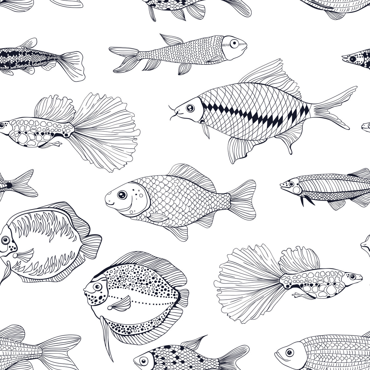 Modern Hand - Drawn Fish Line Art /Black and White Nautical Pattern Wallpaper⁠
