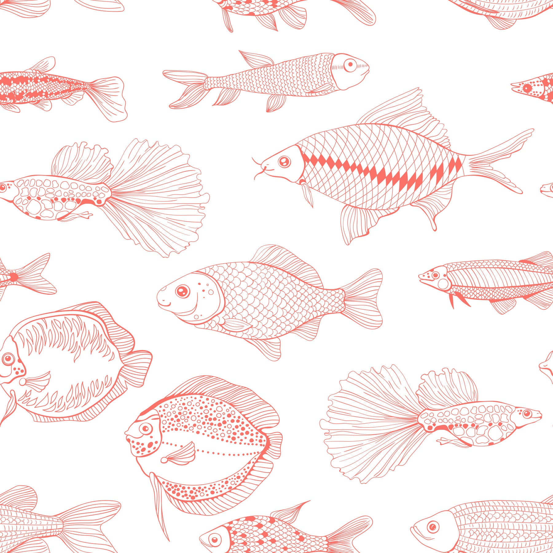 Modern Hand - Drawn Fish Line Art /Coral and White Nautical Pattern Wallpaper⁠