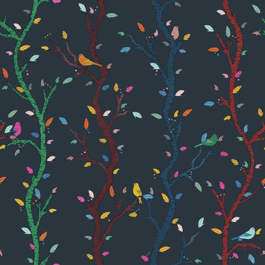 Midnight Woodland Branches with Birds Wallpaper⁠
