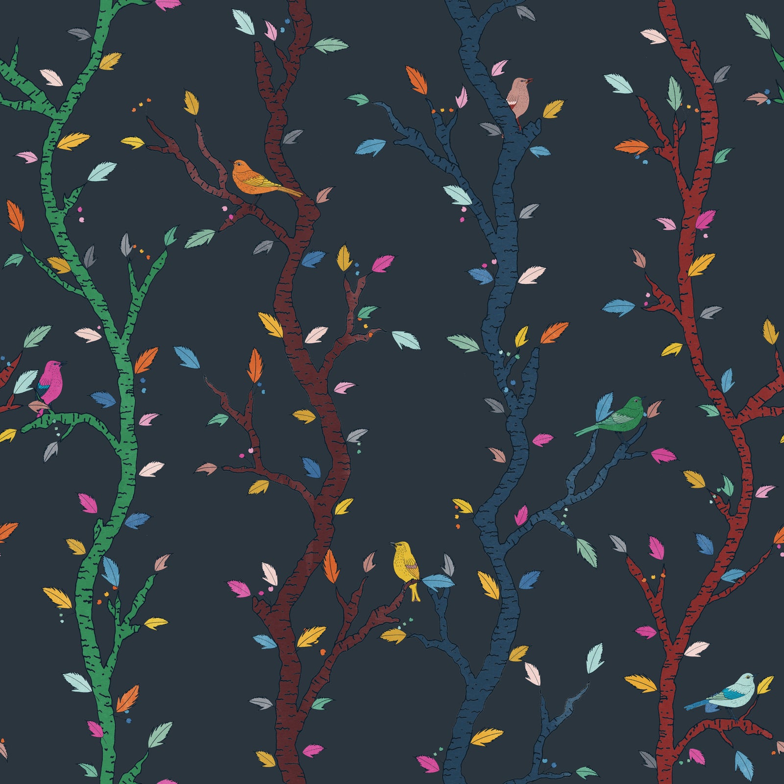 Midnight Woodland Branches with Birds Wallpaper⁠