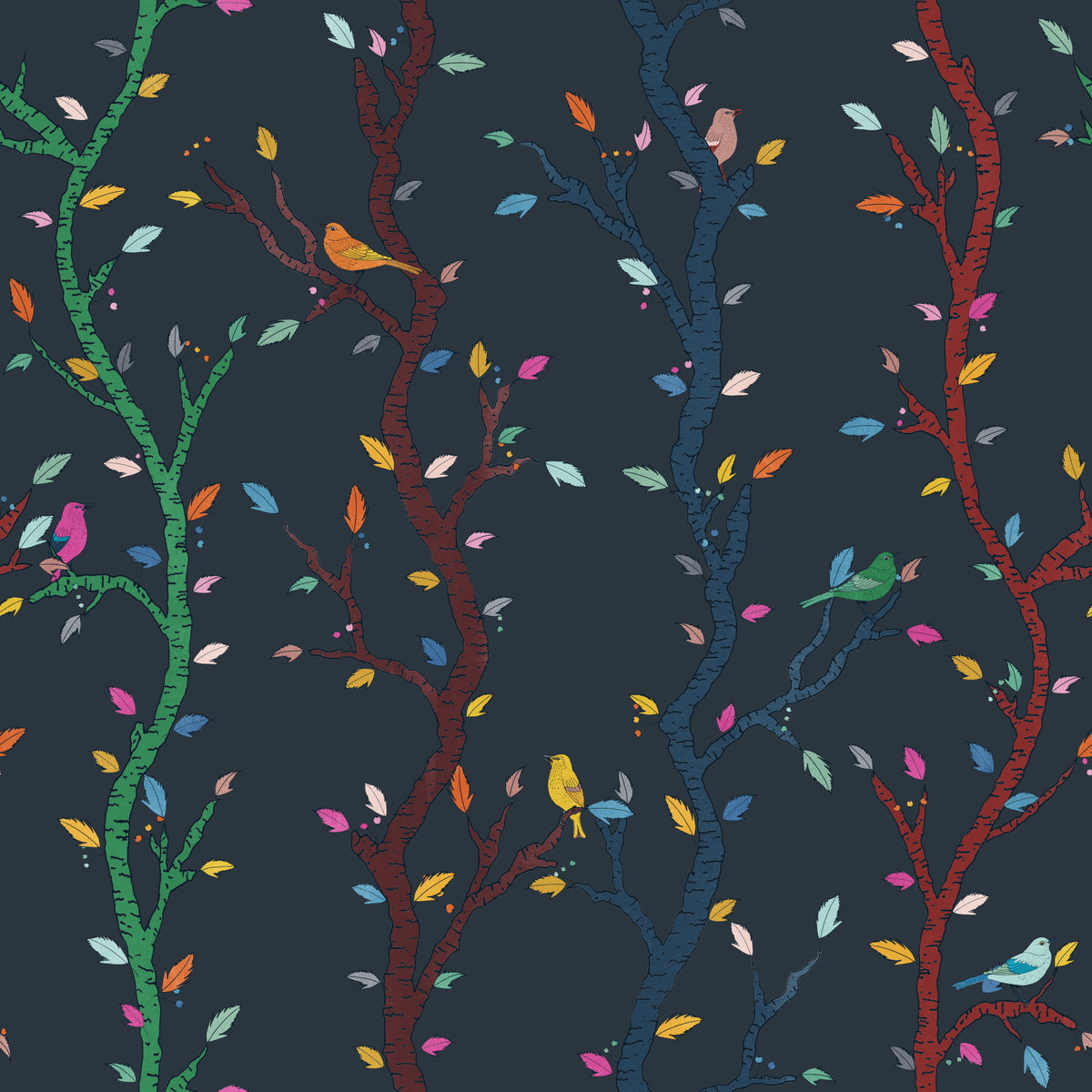 Midnight Woodland Branches with Birds Wallpaper⁠ in your room — zoomed