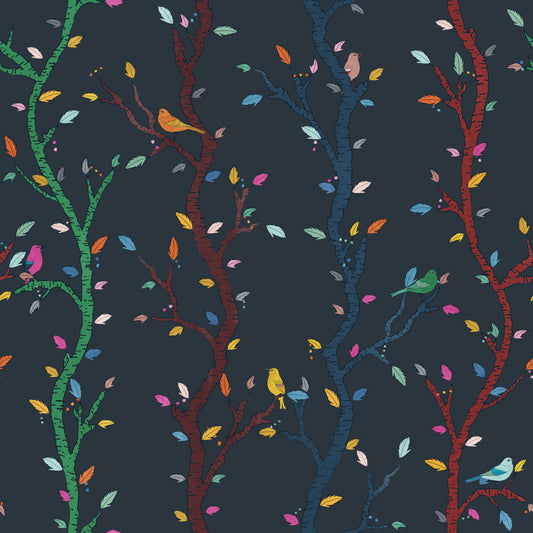 Midnight Woodland Branches with Birds Wallpaper⁠