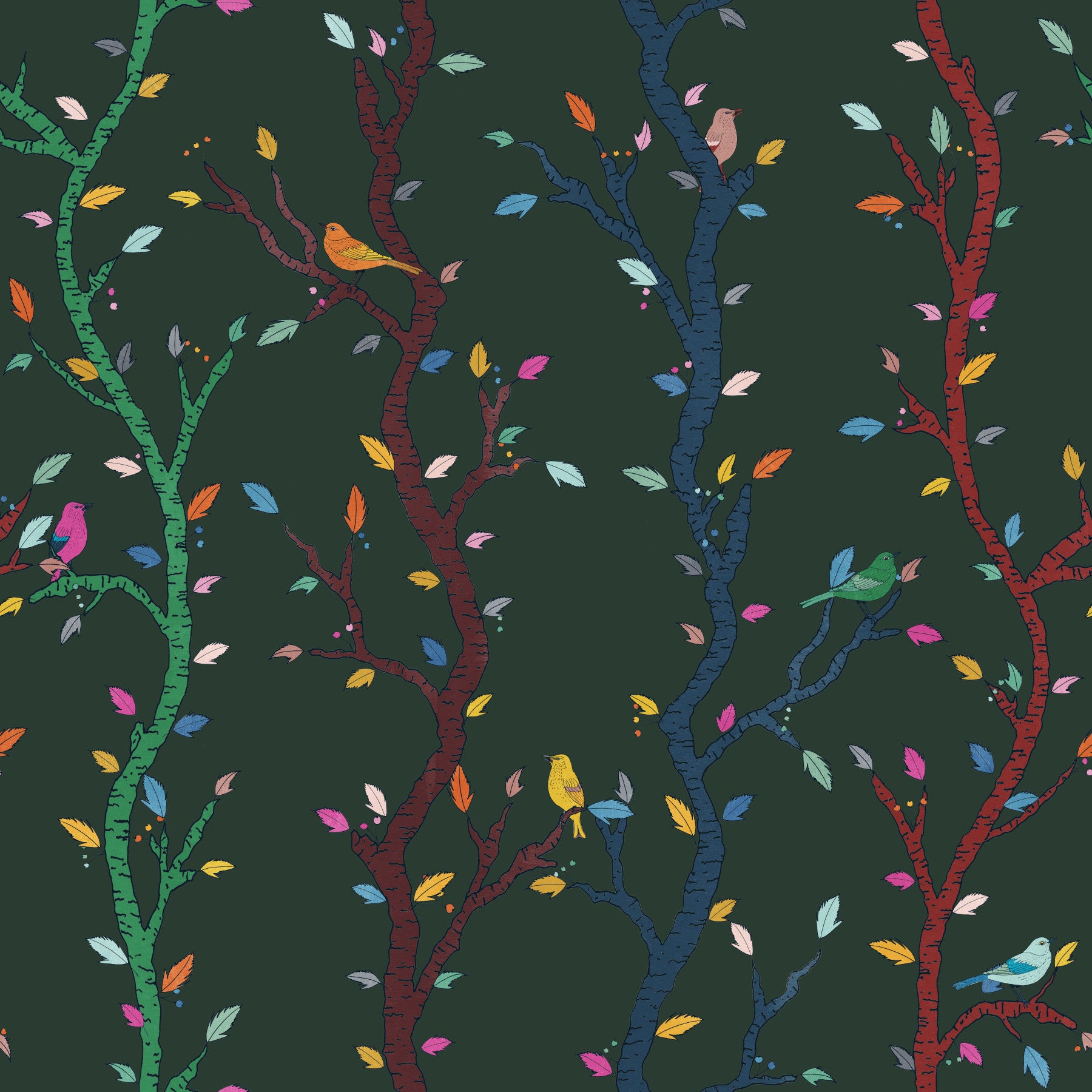 Forest Night Woodland Branches with Birds Wallpaper⁠