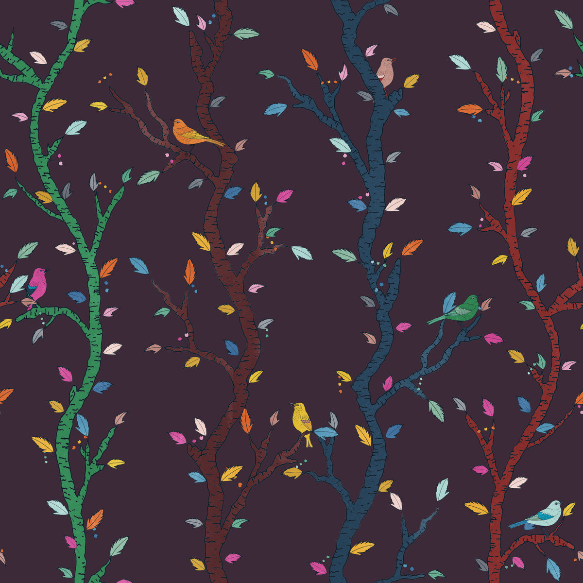 Fuchsia Night Woodland Branches with Birds Wallpaper⁠ in your room — zoomed