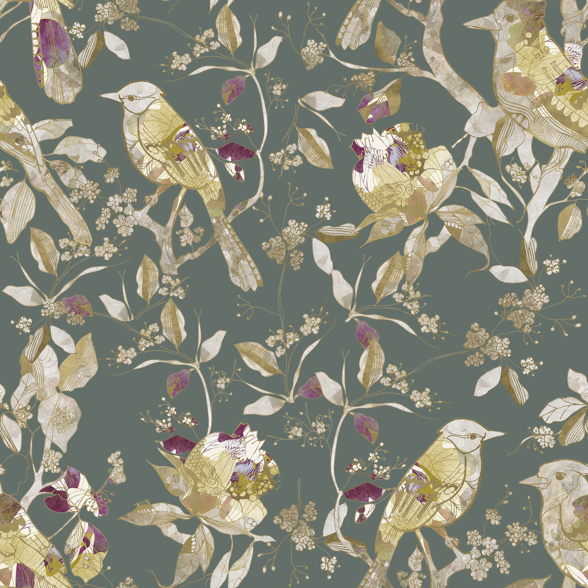 Sage Green Botanical Bird Wallpaper