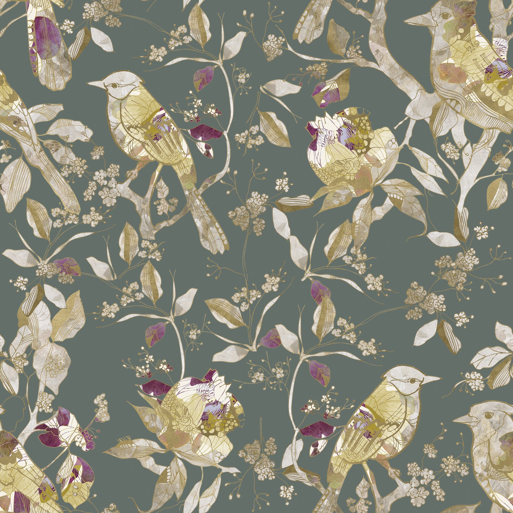 Sage Green Botanical Bird Wallpaper