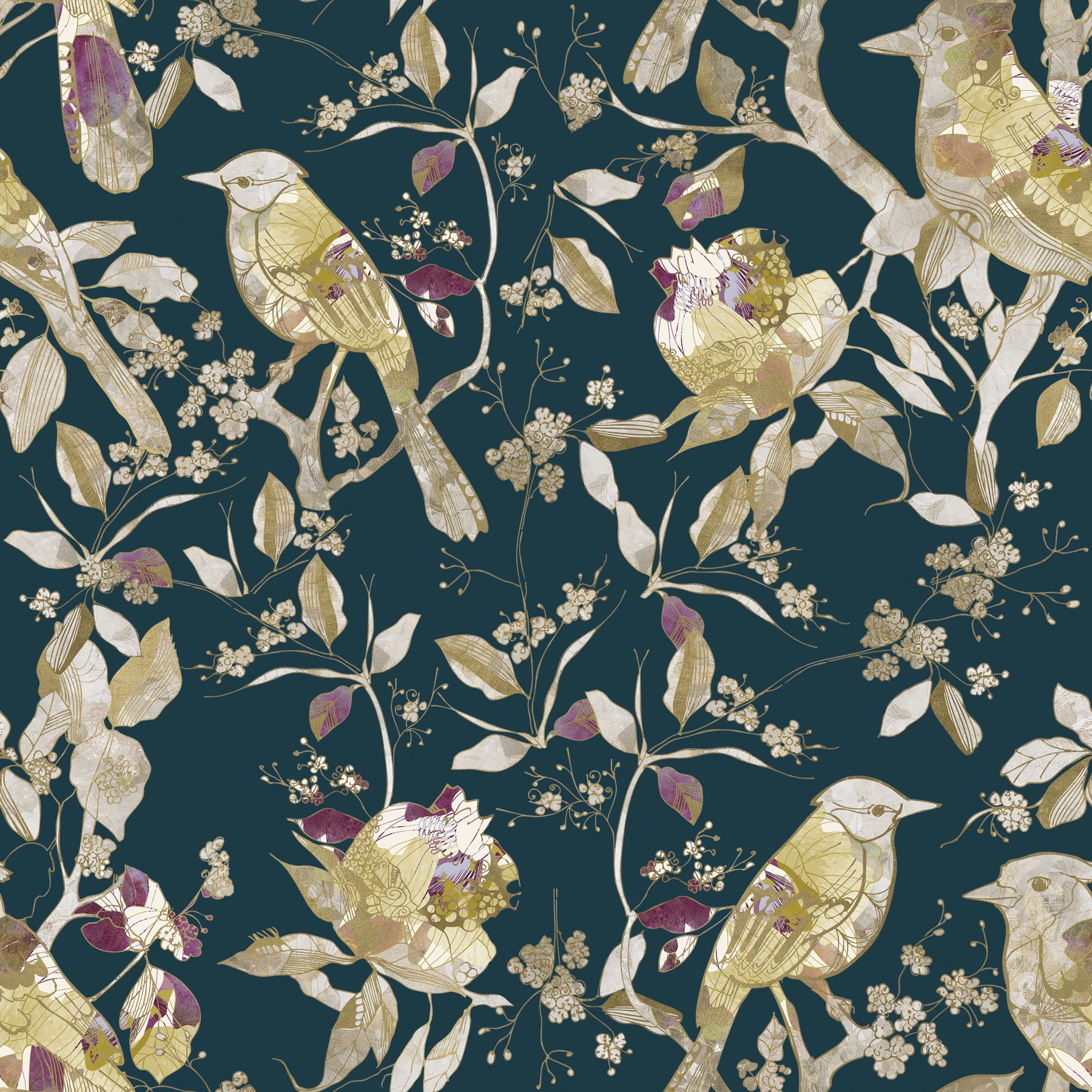 Midnight Teal Garden Birds Wallpaper