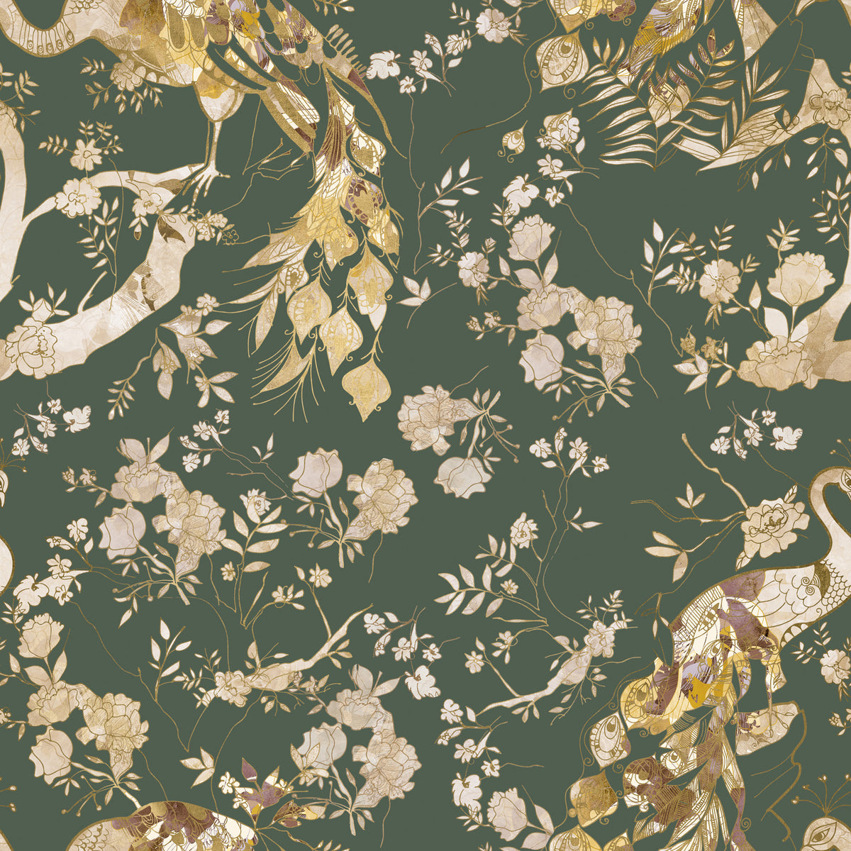 Olive Green Vintage Peacock Wallpaper⁠ in your room — zoomed
