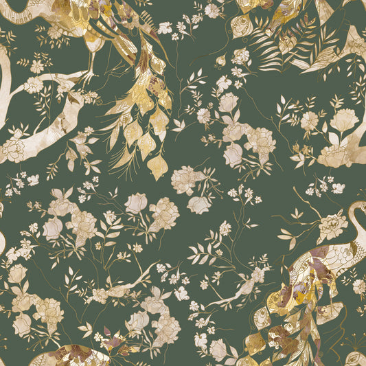 Olive Green Vintage Peacock Wallpaper⁠