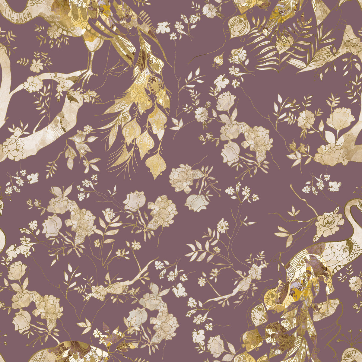 Heritage Plum Bird & Floral Wallpaper⁠