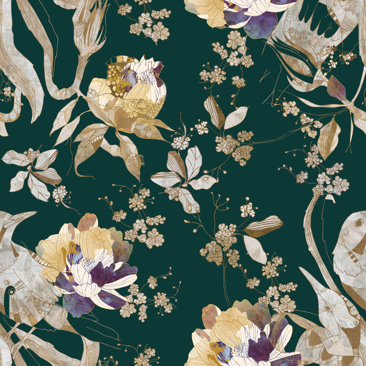 Navy Floral Bird Wallpaper⁠ in your room — zoomed