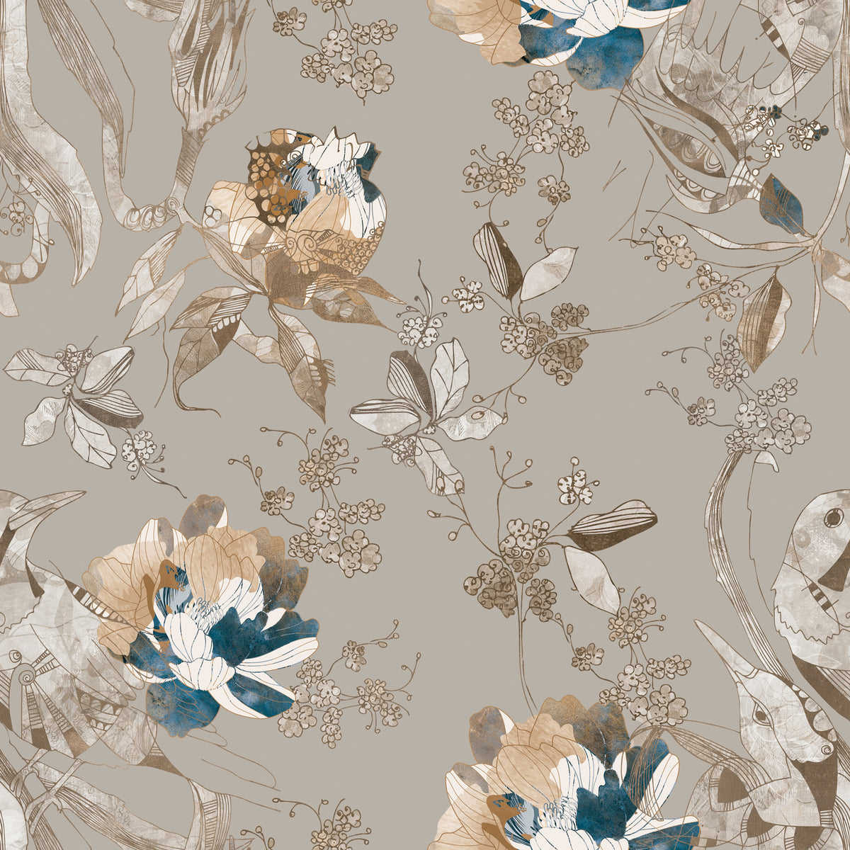 Taupe Vintage Botanical Wallpaper⁠ in your room — zoomed