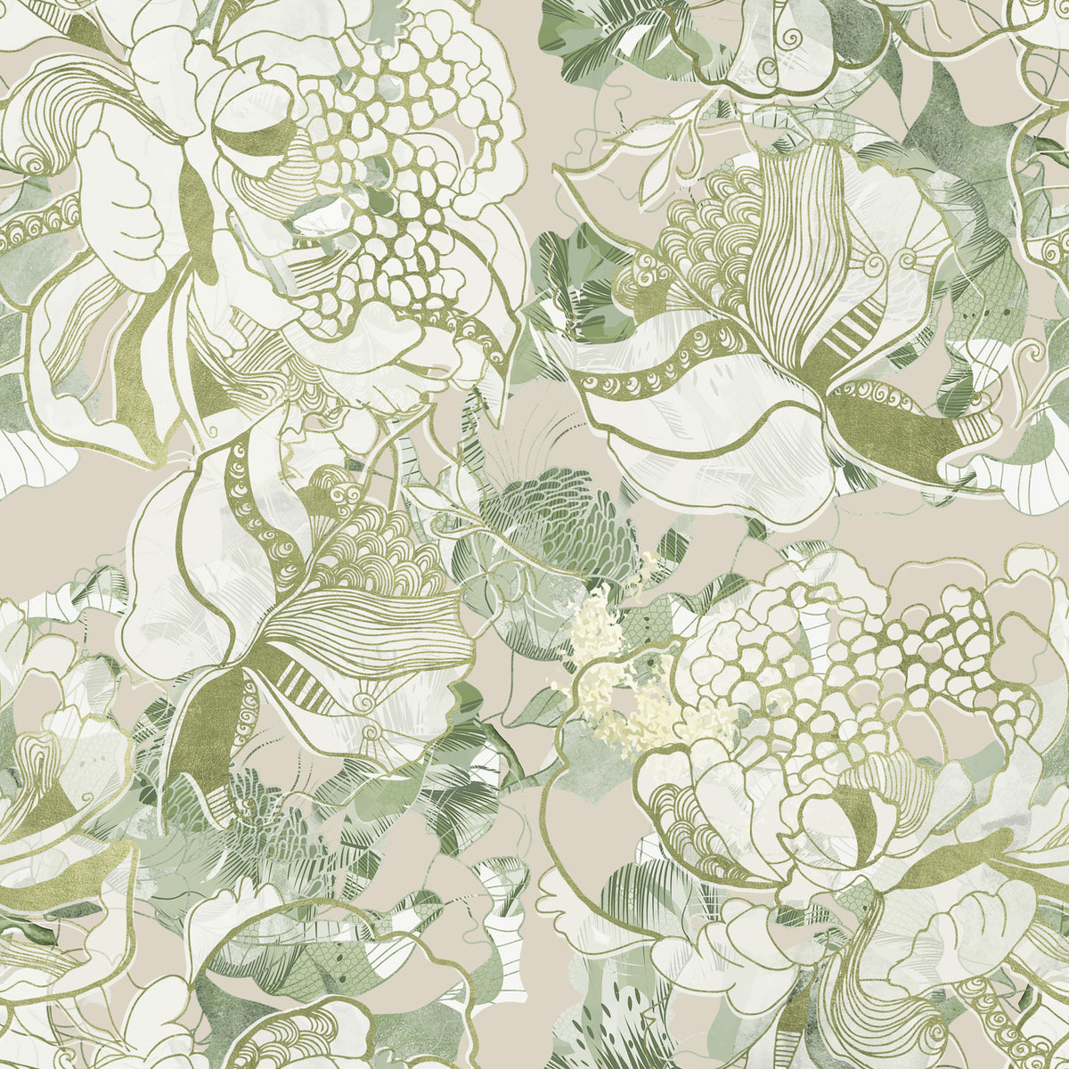 Soft Sage Green Peony Wallpaper⁠