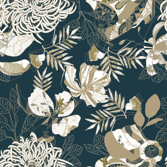Art Deco Teal Floral Wallpaper⁠