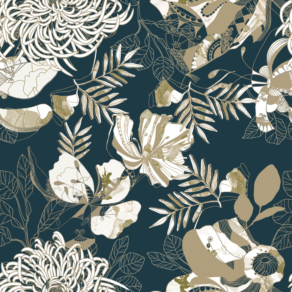 Art Deco Teal Floral Wallpaper⁠