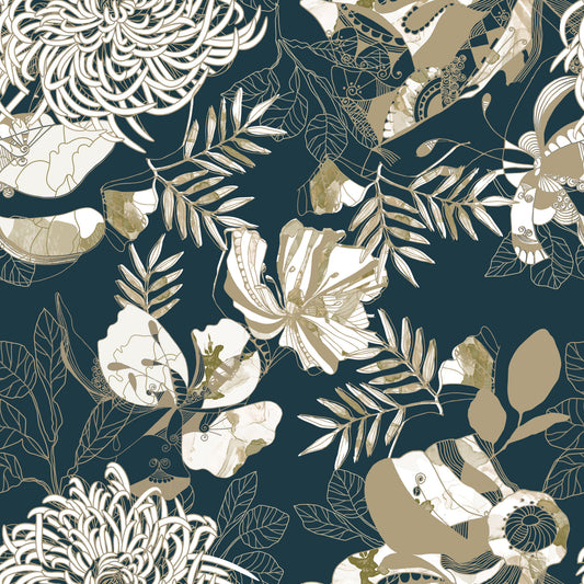 Art Deco Teal Floral Wallpaper⁠