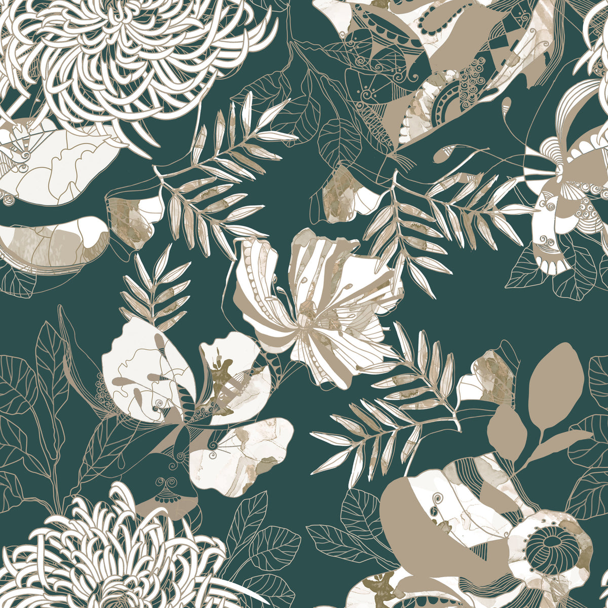 Forest Green Art Deco Floral Wallpaper⁠