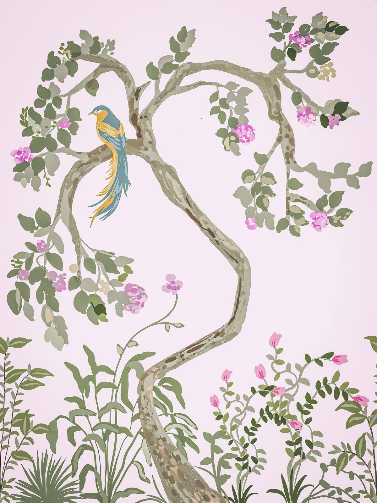 Chinoiserie Garden with Beautiful Birds  Wall Mural in your room — zoomed