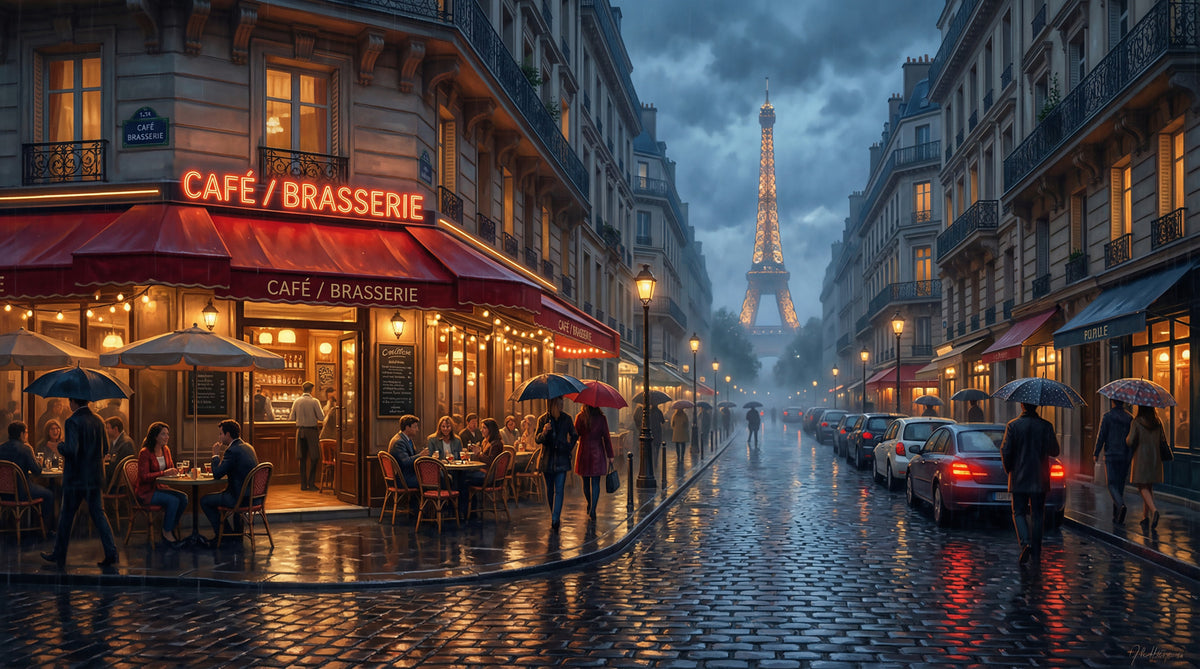 Parisian Glow: Rainy Evening Cafe Wall Mural in your room — zoomed