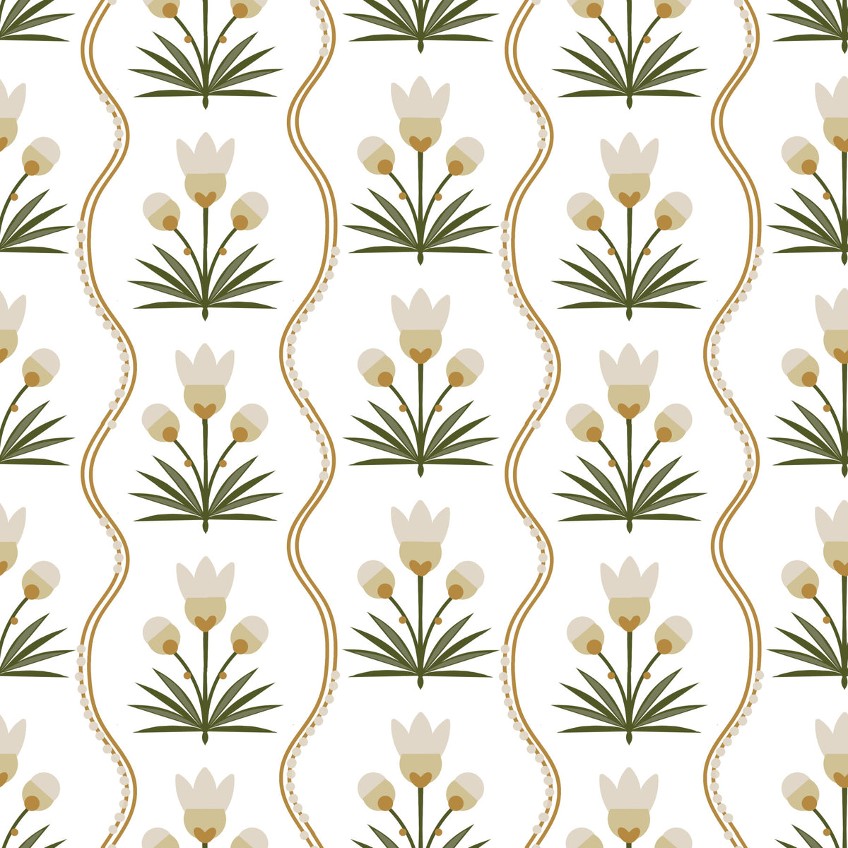 Earthen Floral Grace Symmetrical white minimalist florals  Wallpaper⁠