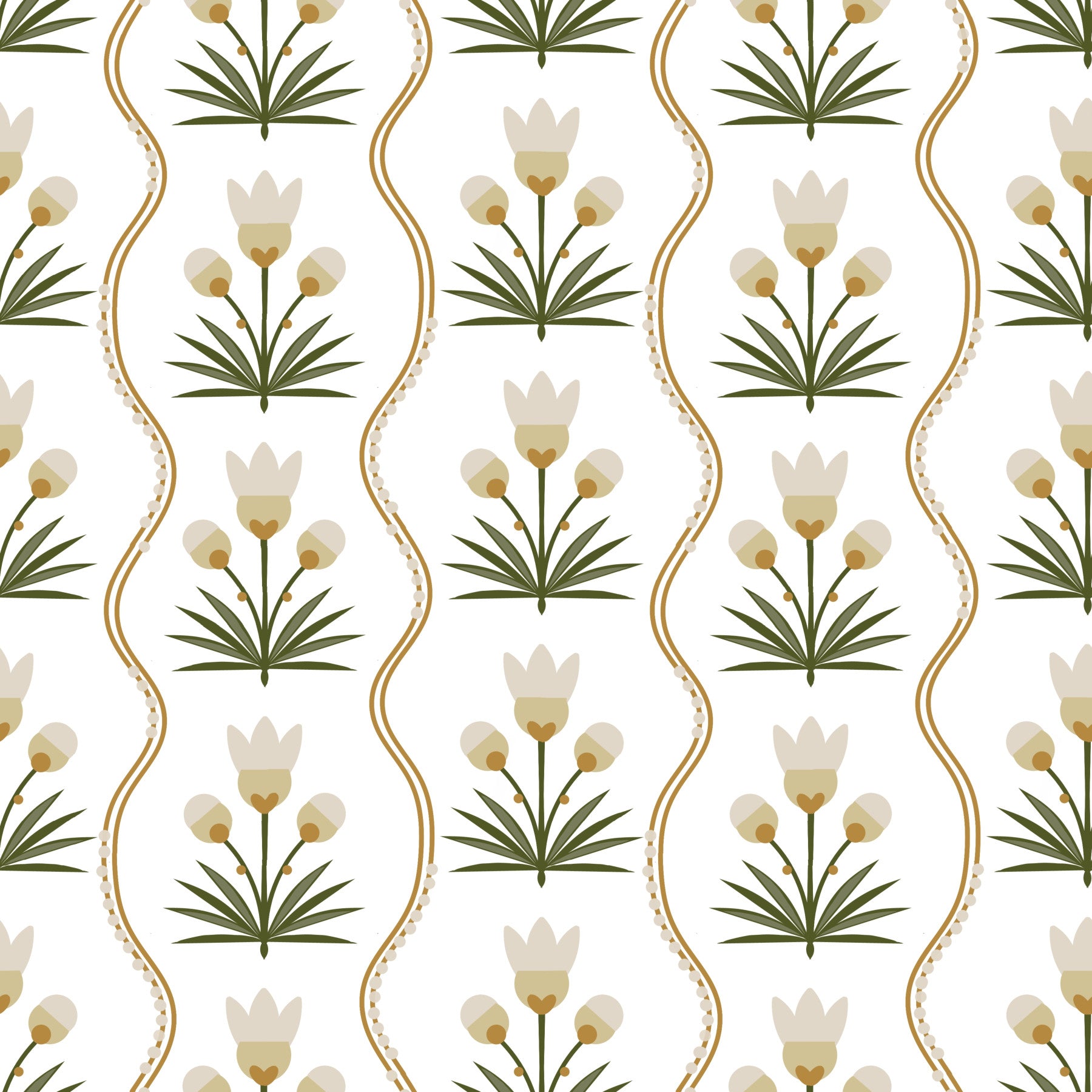 Earthen Floral Grace Symmetrical white minimalist florals  Wallpaper⁠