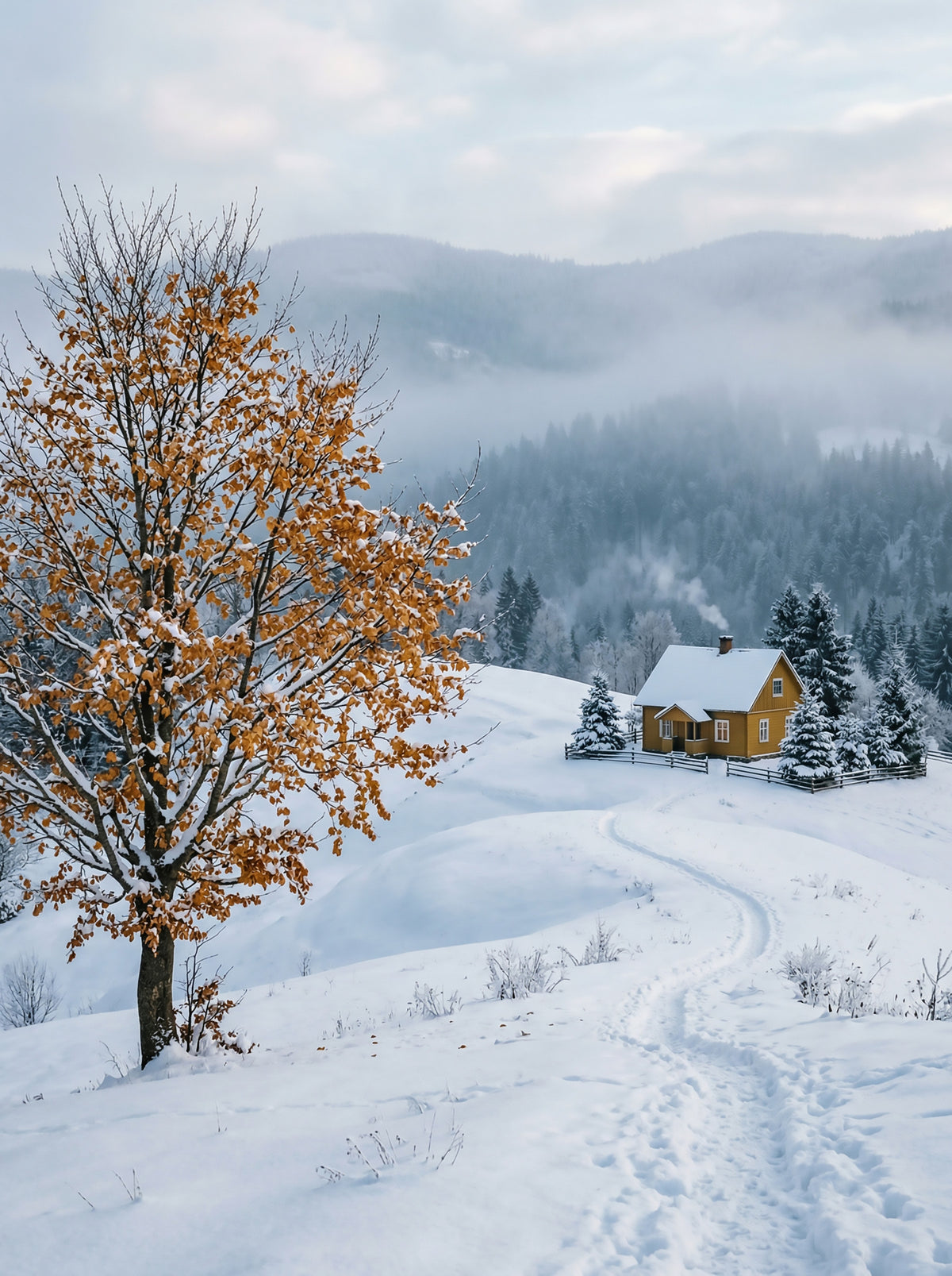 Golden Tree, Snowy Haven Wall Mural in your room — zoomed