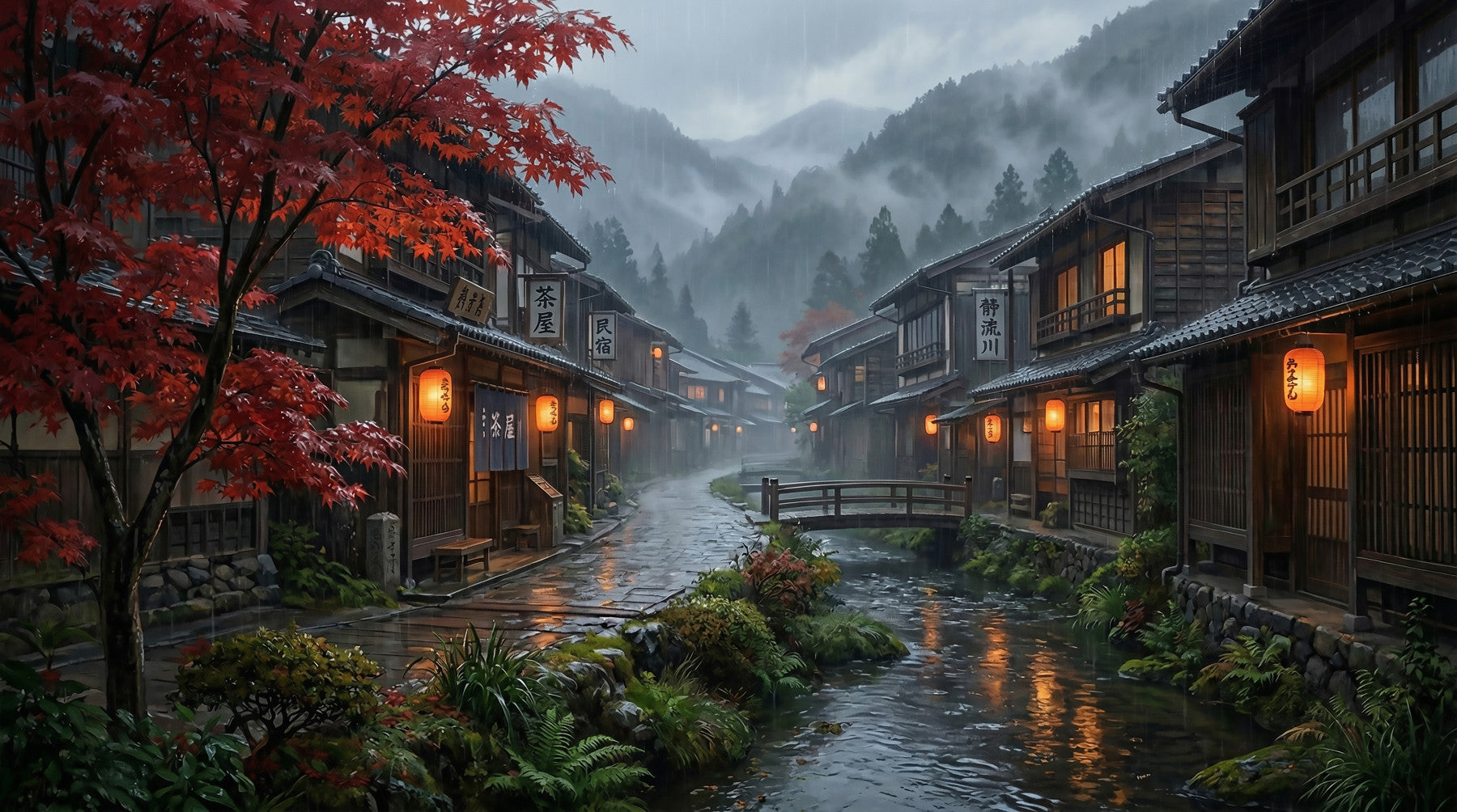 Crimson Rain in Old Japan Wall Mural