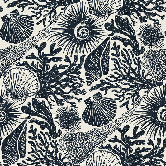 Boho Seashell & Coral Midnight Blue Wallpaper⁠