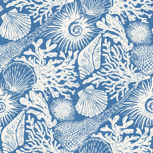 Boho Seashell & Coral Denim Blue Wallpaper⁠