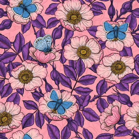 Dog Rose and Butterflies – Pink and Purple Floral Colored Line Art on pink Background Wallpaper⁠