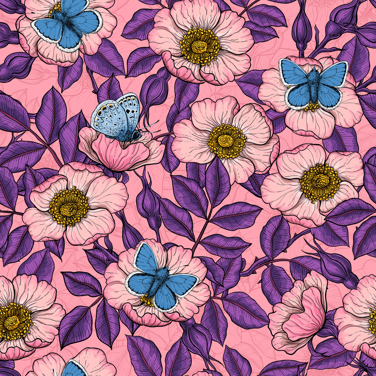 Dog Rose and Butterflies – Pink and Purple Floral Colored Line Art on pink Background Wallpaper⁠ in your room — zoomed